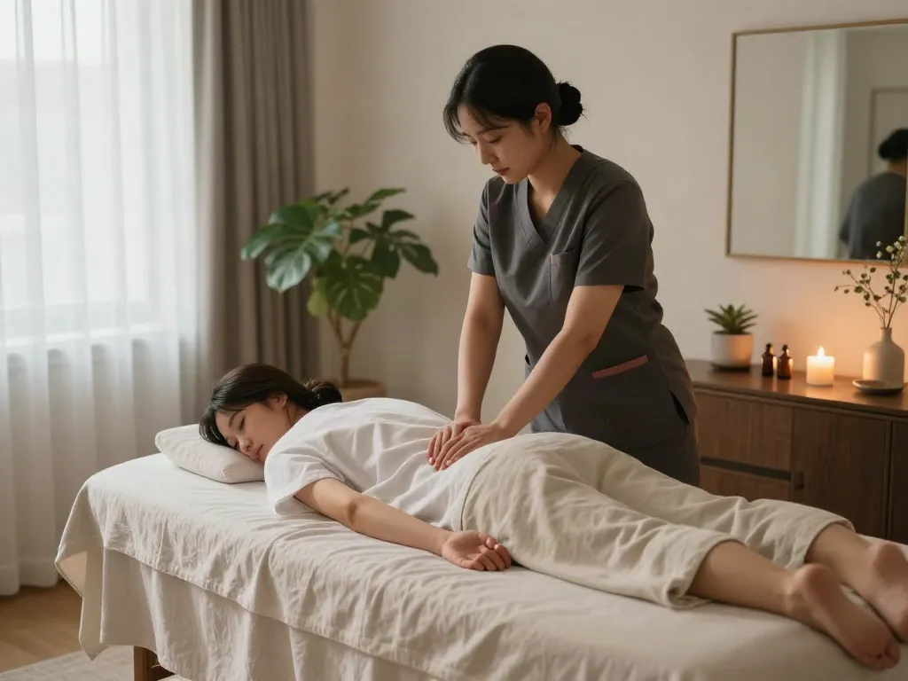 서울출장마안마 - Professional therapist providing a calming massage in a serene home setting.