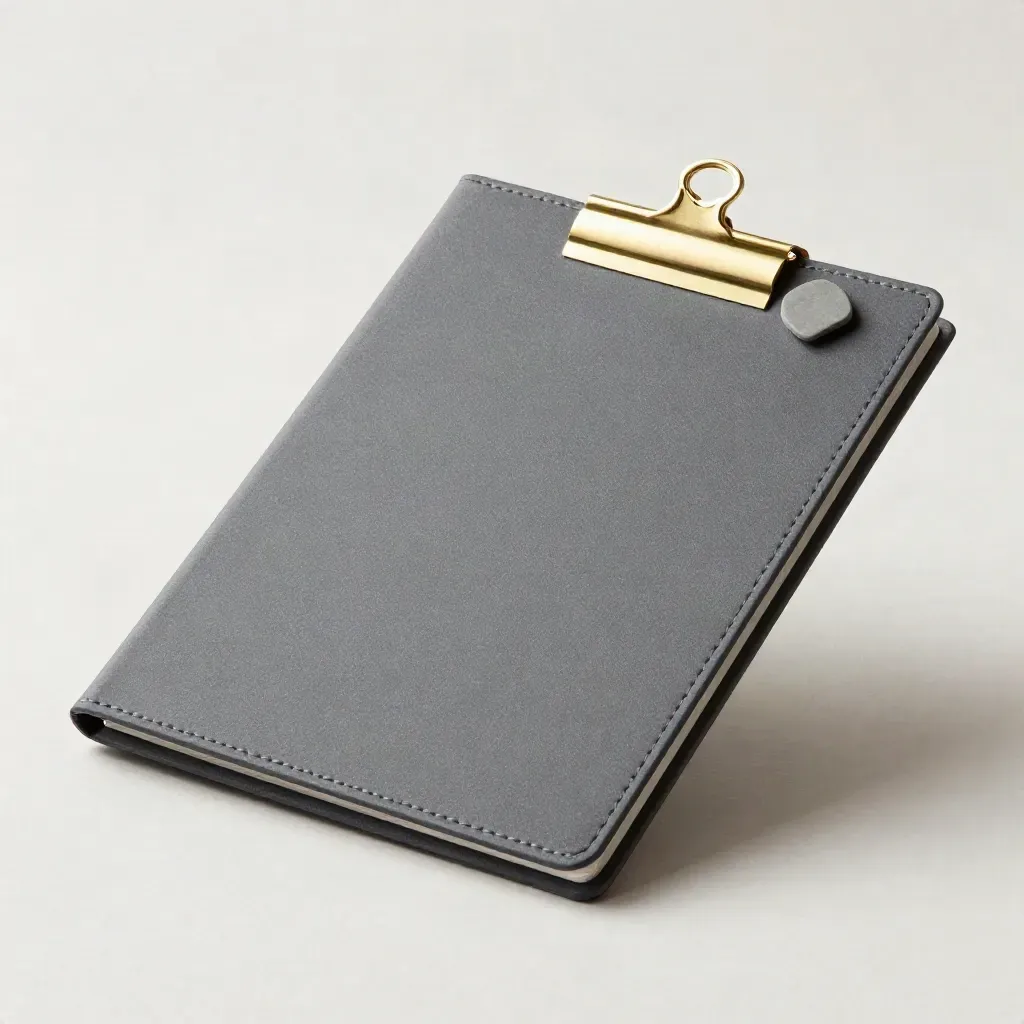 Charcoal valuation folio with brass clip and stone sample hovering over pale plaster.