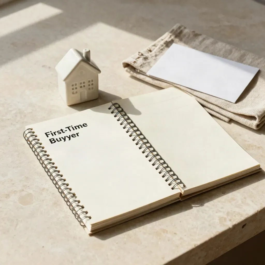 Cream spiral planner, house token, and linen swatch on pale stone, overhead.