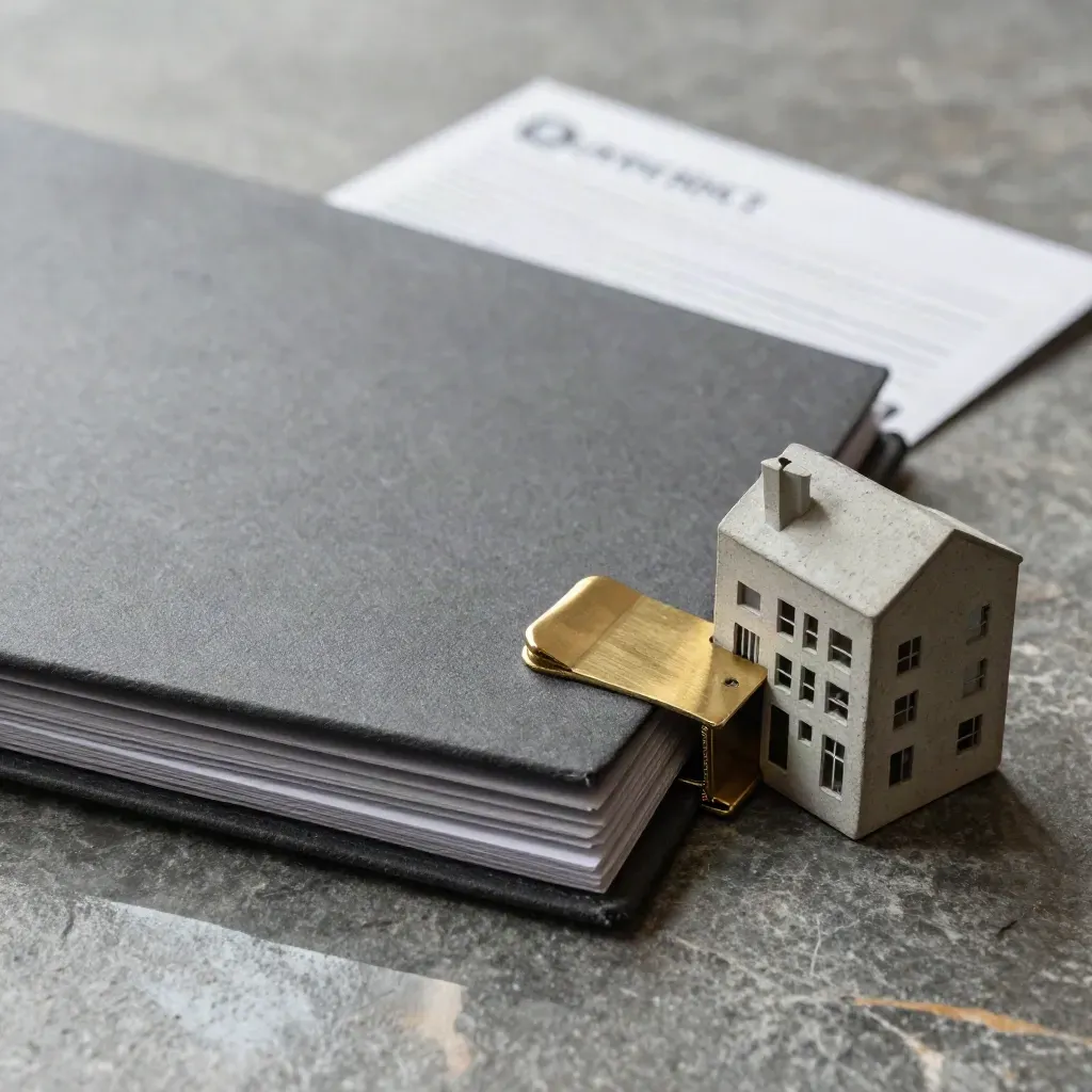 Charcoal investment folder, brass money clip, and tiny concrete townhouse model on a stone slab.