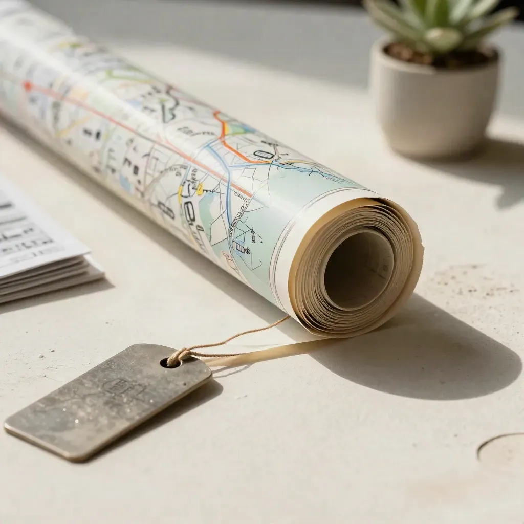 Rolled city map tube, transit tokens, and guide folder on pale plaster beside a small plant.