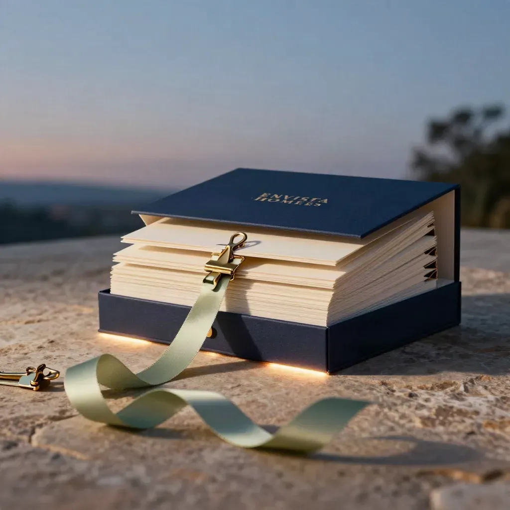 Deep navy presentation box with cream inserts, brass clips, and sage ribbon on stone