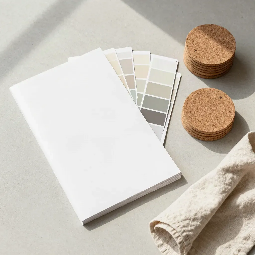 Overhead flat lay of a home prep kit with folders, paint chips, cork coasters and folded cloth.