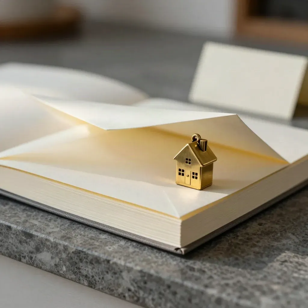 Cream closing bundle with brass house charm on graphite stone, envelope corner lifted by soft evening light.