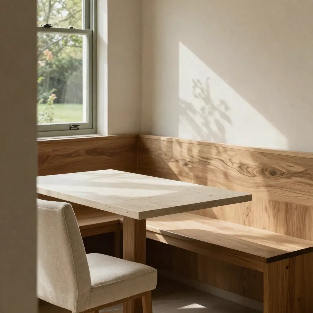 Sunlit oak breakfast nook with stone table, linen chair, and soft garden light