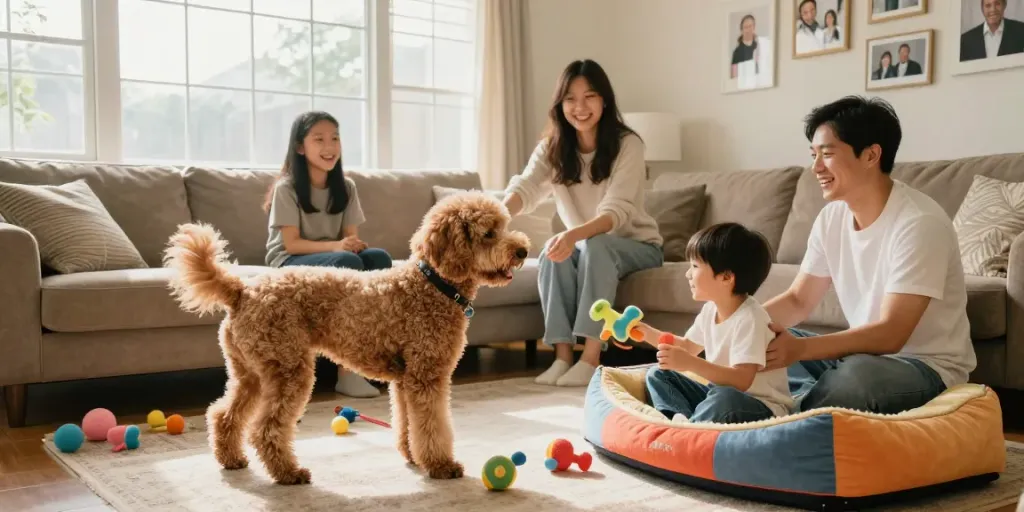 St. Berdoodle breed guide featuring a playful family and their affectionate Saint Berdoodle in a cozy living room setting.